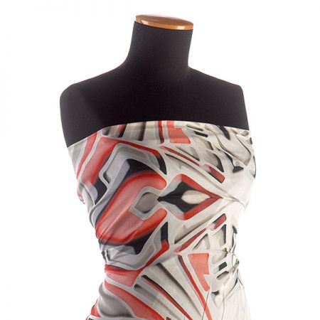 Hedvábný šifon geometrický vzor červenošedobílý