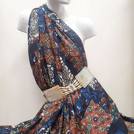 Viskozová šatová látka patchwork modrohnědý