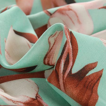 Batist bavlna hedvábí směs vzor tulipány tyrkysová
