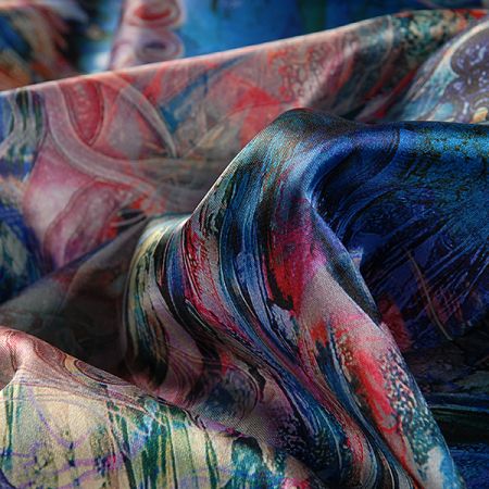 Pružný satén digitální tisk fantize květin modrá