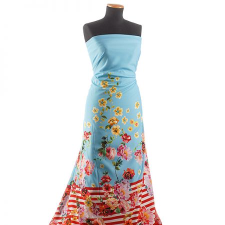 Krepdešín imitace hedvábí tisk proužky/kytičky modrý II.jakost