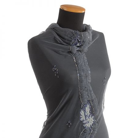 Exkluzivní výšivka na tylu bordura šedá/fialová