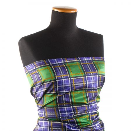 Viskozová šatová látka vzor káro fialová/zelená