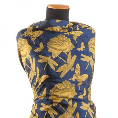 Taft žakár motýlci vážky žlutý/modrý