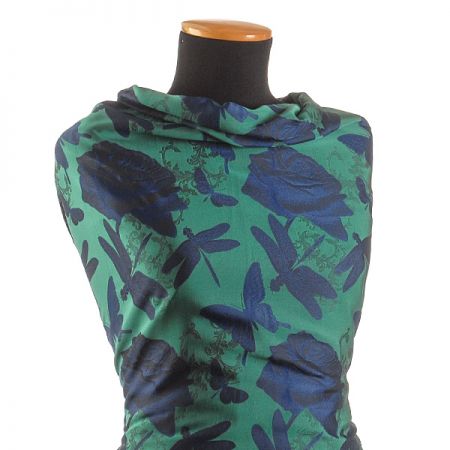 Taft žakár motýlci vážky zelený/modrý