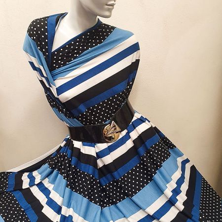 Úplet tenký vzor proužky puntíky modrá