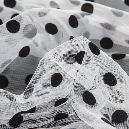 Tyl šatový sametový flock puntík bílá/černá