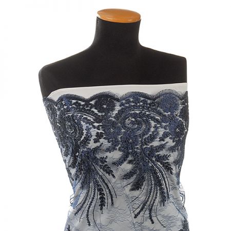 Krajka efektní lurexová výšivka tm. modrá