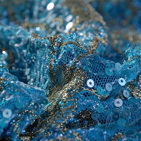 Efektní krajka motiv růží tyrkys/zlatá 