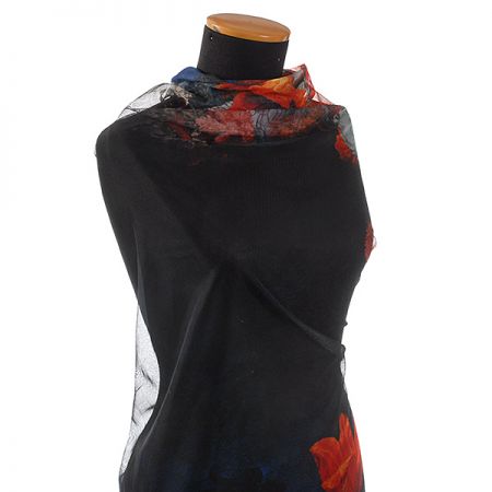 Jemný pružný tyl digitální tisk květy