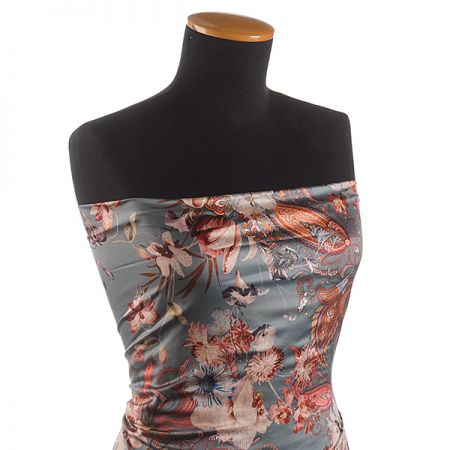 Satén pružný tisk vzor kašmír/paisley hnědošedý