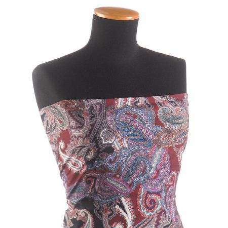 Žoržet šatový pružný vzor kašmír/paisley vínový