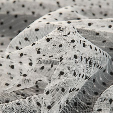 Tyl šatový sametový flock puntík béžovočerný