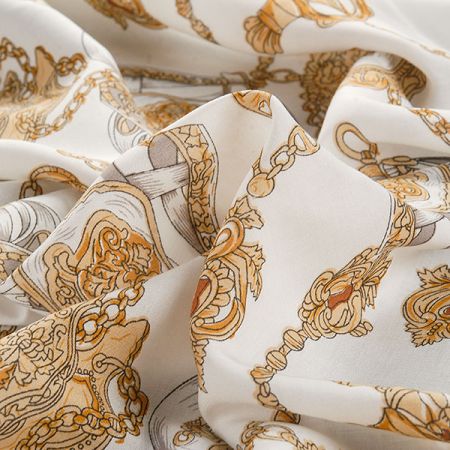 Viskozová šatová látka tisk motiv řemínky pásky kabelky