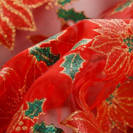 Organza vánoční vzor květ vánoční hvězdy červená