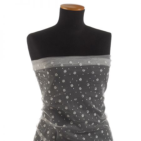 Tyl šatový sametový flock puntík/květy slon. kost