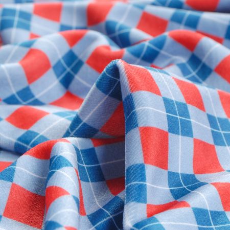 Samet pružný velur tisk káro/kostka červená/modrá