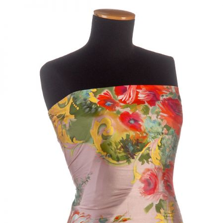 Satén nepružný tisk malované květy červené