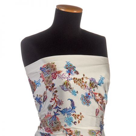 Satén nepružný tisk motiv květin červený/smetanový