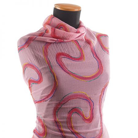 Krep šifon výšivka vlnky růžový II.jakost