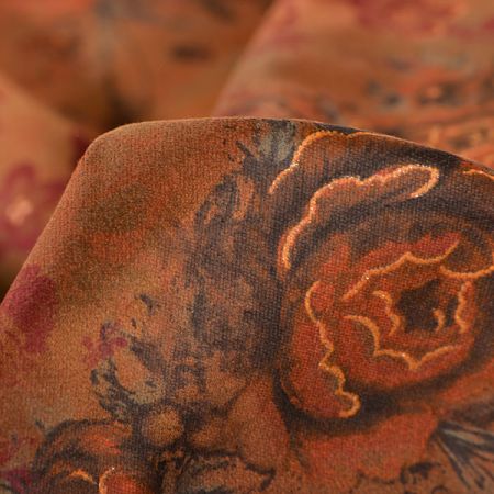 Pružný manšestr květinový vzor hnědý