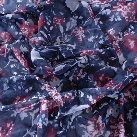 Úplet žoržetového vzhledu tisk květy tm.modrý