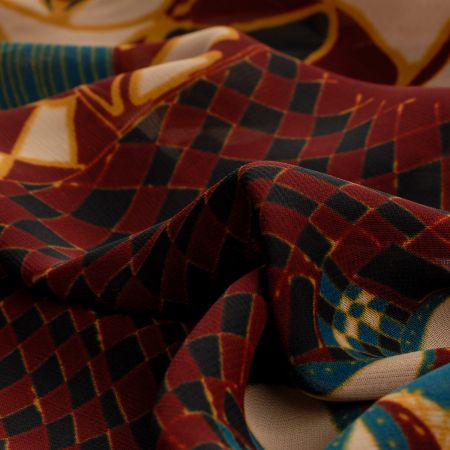 Šifon viskozový etno motiv vínový