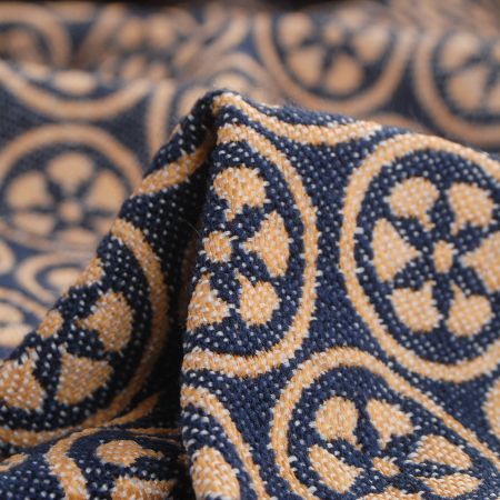 Žakárová látka Art Fabrics Cirkl modrý/okrový