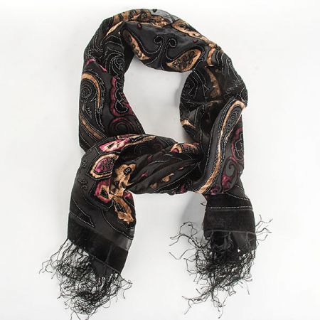 Efektní šál vypalovaný samet/tisk černý/purpurový