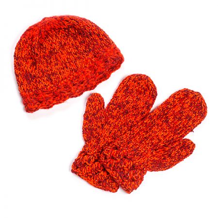 Pletaná čepice a rukavice oranžovočervený melír