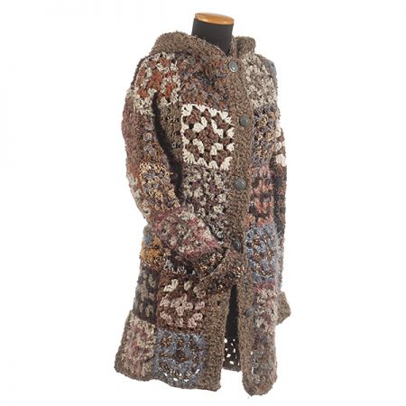 Háčkovaný kabátek hnědo-fialový melír