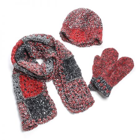 Pletené rukavice, čepice , šála červeno-černý set
