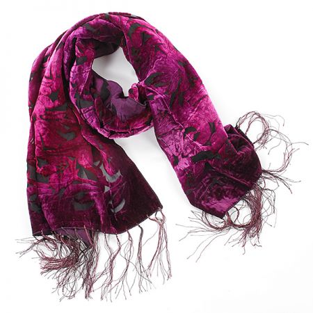 Šála vypalovaný samet s třásněmi růžová
