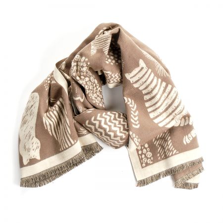 Šála oboustranná siluety koček krémová/camel hnědá