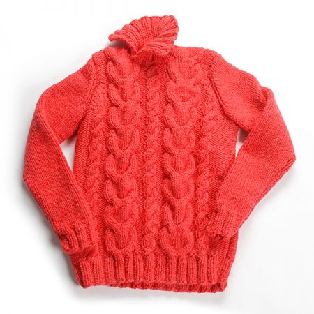 Svetr ručně pletený s copánkovým vzorem malinový