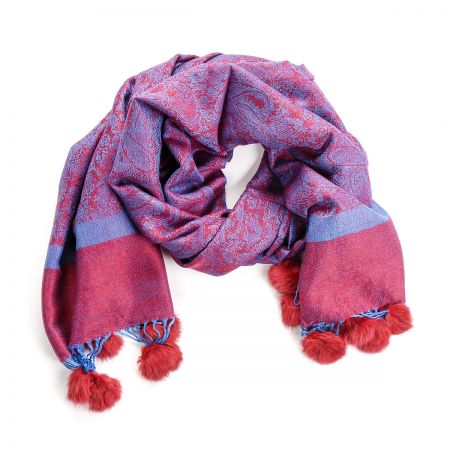 Šála směs kašmír/hedvábí žakár kožešinové bambulky černá