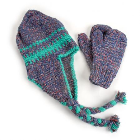 Ručně pletená sada čepice,rukavice modročervená