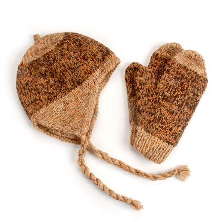 Ručně pletená sada čepice,rukavice hnědý melír